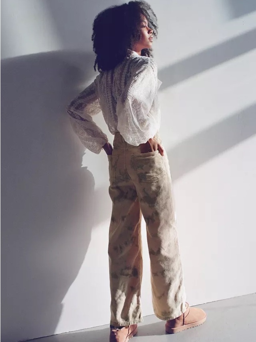 BDG High and Wide Tie-Dye Corduroy Pants - Cream and green
